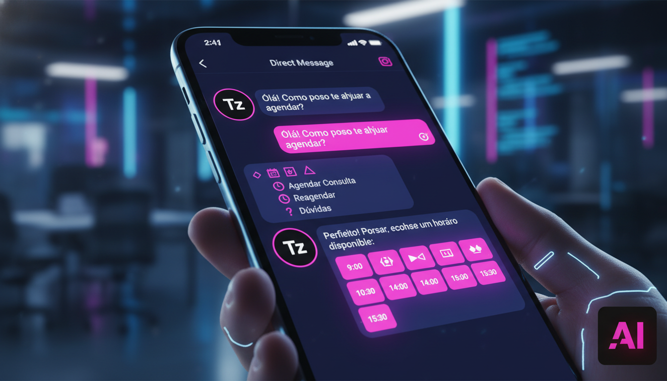 7 técnicas avançadas de agendamento com IA que funcionam — Um close-up das mensagens diretas do Instagram em um smartphone, mostrando um Agente AI de Agendamento da Toolzz respondendo a uma solicitaçã