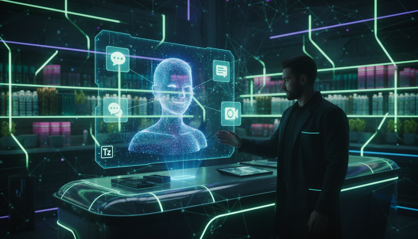 7 técnicas avançadas de automação Instagram que funcionam — Um agente de IA, visualizado como uma interface holográfica amigável, auxiliando um farmacêutico a responder a perguntas de clientes através