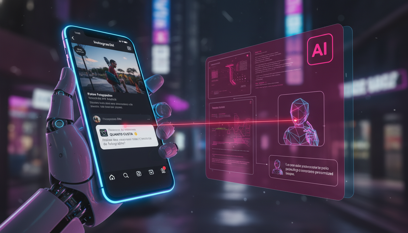 7 técnicas avançadas de chatbot Instagram DM automático que funcionam — Close-up de um smartphone mostrando um comentário em um post do Instagram. O comentário contém uma pergunta sobre preços de serv