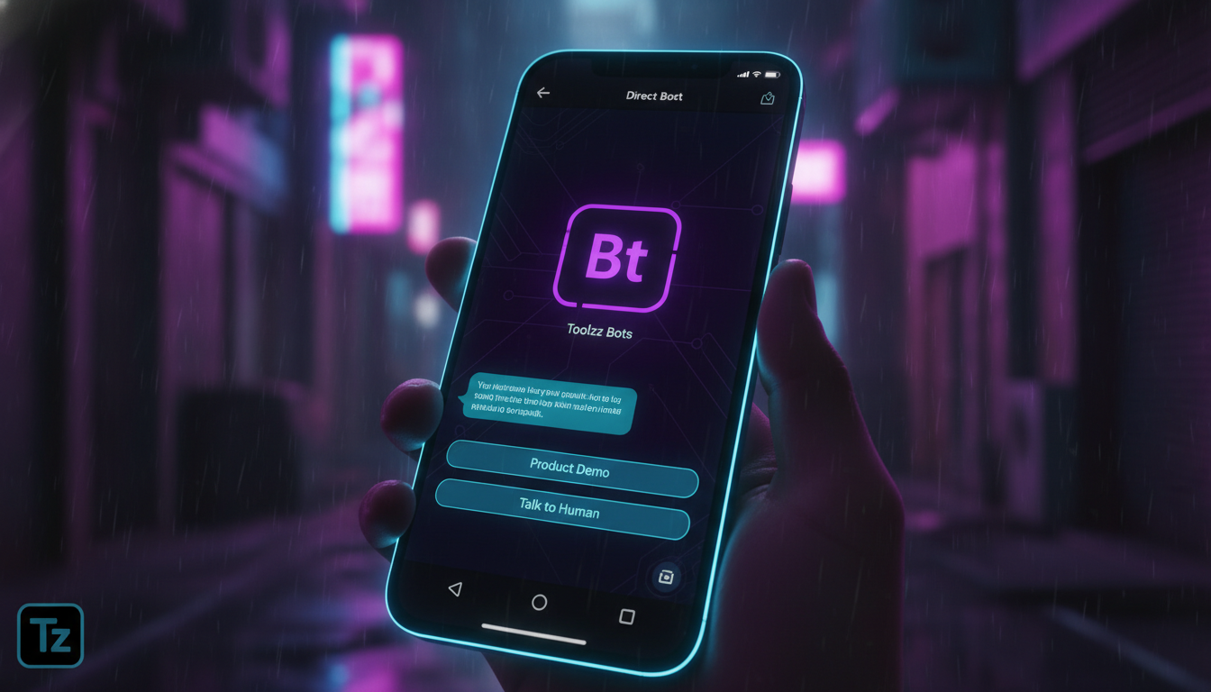 7 tendências de chatbot Instagram que vão dominar 2026 — Um close-up de uma tela de smartphone mostrando uma conversa no Instagram Direct. O chatbot, com a logo da Toolzz em sua foto de perfil, respon