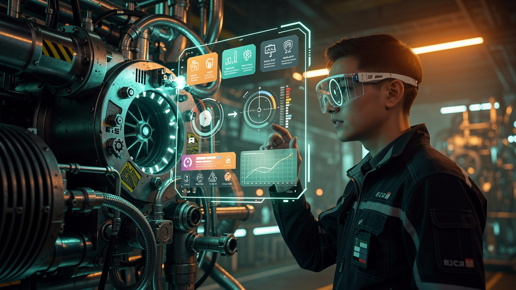 7 Tendências de Educação Corporativa que vão dominar 2026 — Colaborador usando óculos de realidade aumentada em um ambiente de fábrica, visualizando informações detalhadas sobre uma máquina complexa e