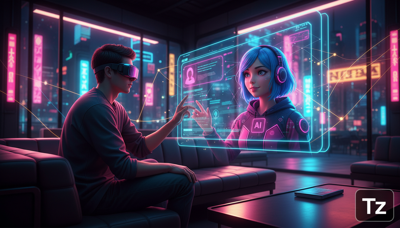 7 tendências de IA para redes sociais que vão dominar 2026 — Um usuário interagindo com um avatar de IA em um ambiente de rede social imersivo. O avatar, com aparência amigável e personalizável, ofere