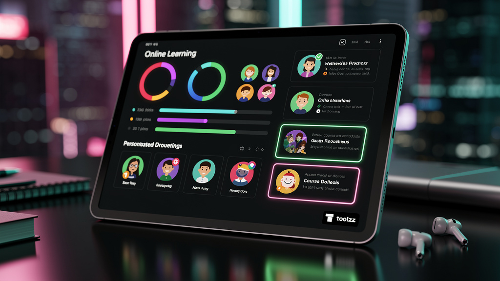 7 Tendências Emergentes de Educação a Distância em 2026 — Close-up de uma tela de tablet mostrando a interface de um curso online personalizado. A tela exibe gráficos de progresso individuais e recome