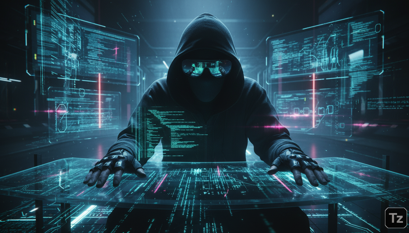 A Ascensão do Hacker Autônomo: O Futuro da Segurança Cibernética — Um hacker autônomo, representado como uma figura sombreada vestindo um hoodie, está em frente a uma tela cheia de códigos complexos. 