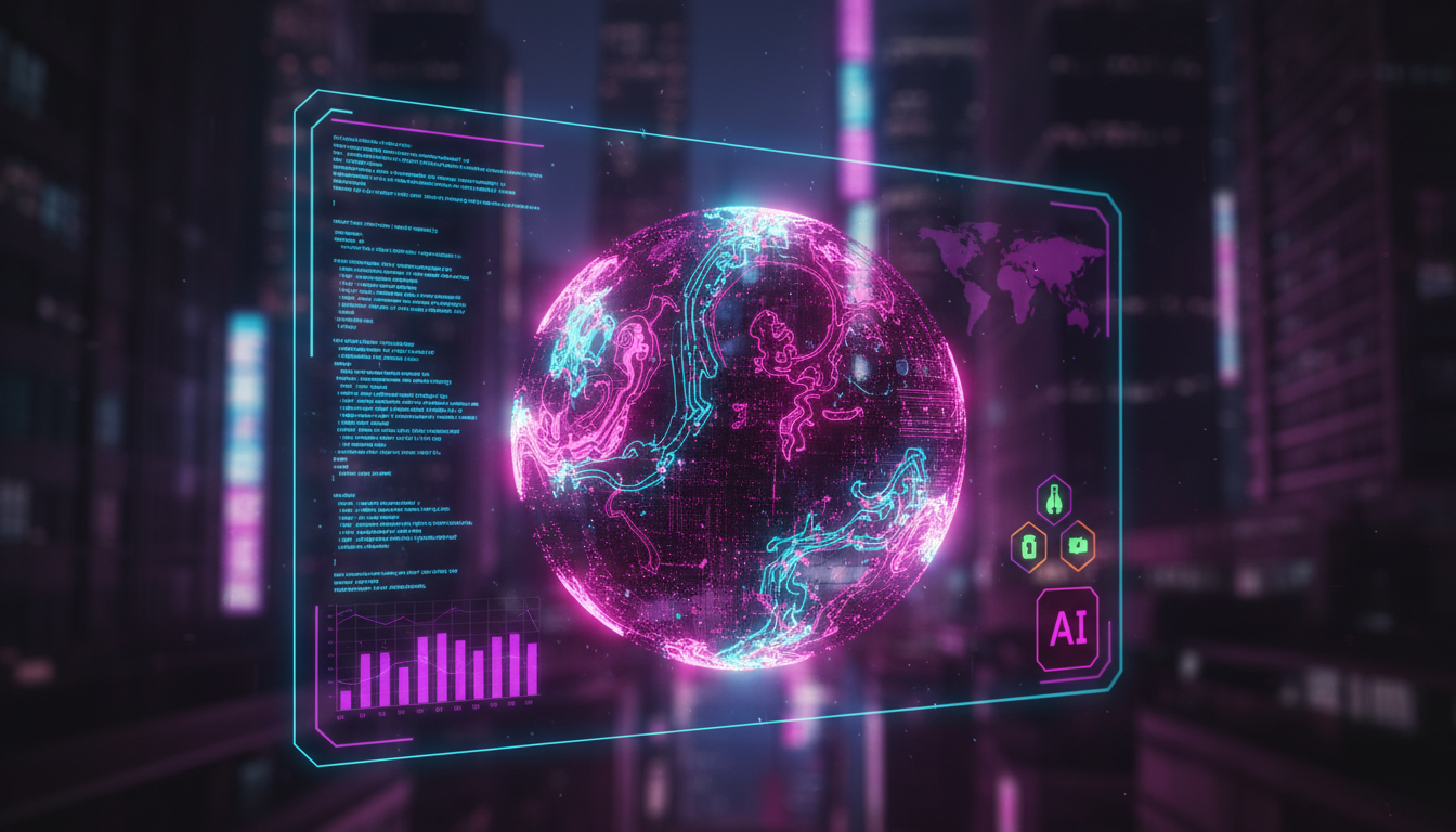 A Economia dos Agentes de IA: O Futuro do Trabalho Digital — Um close-up estilizado de um agente de IA (visualizado como uma esfera flutuante com padrões de luz intrincados) interagindo com uma interf