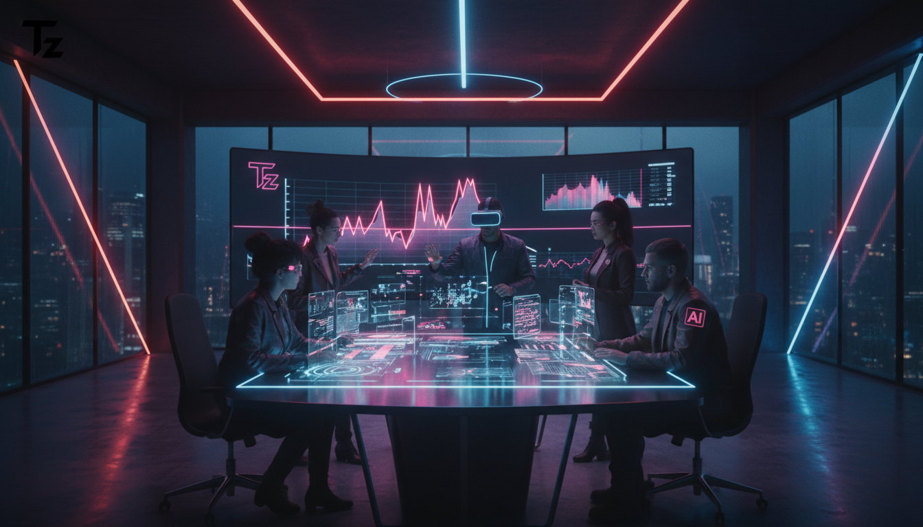 A Era da IA: Como a Automação Redefine o Futuro do Trabalho — Um escritório moderno e iluminado, com uma equipe diversificada colaborando em um projeto de IA. Alguns membros da equipe estão usando hea