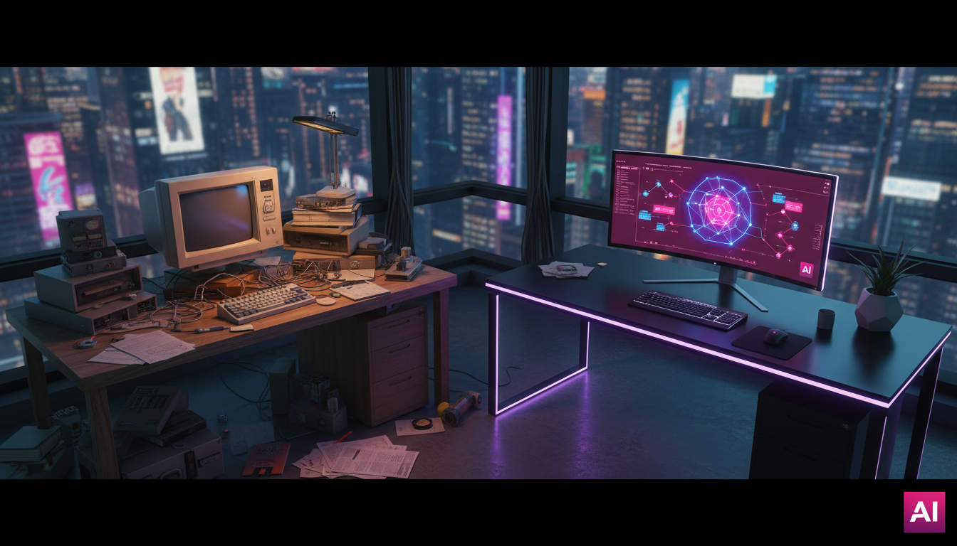 A Era da Personalização com IA: Vale a Pena 'Abrir a Alma'? — Um escritório moderno com duas mesas: uma com um computador antigo e desorganizado, representando o software tradicional; a outra com um s