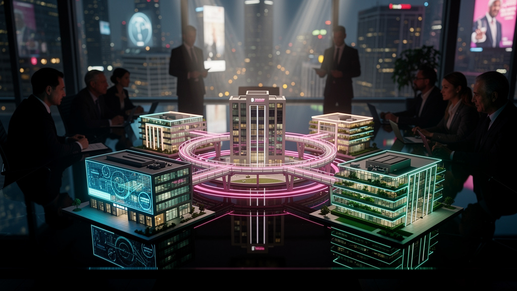 A evolução das universidades corporativas para advocacia em 7 anos — Um diagrama visual que representa uma universidade corporativa como um ecossistema de aprendizado. No centro, um prédio moderno com