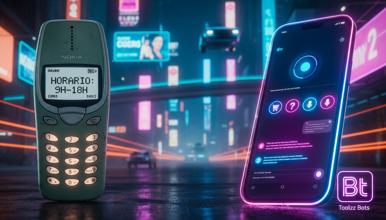 A evolução de Chatbots Instagram DM ao longo dos anos — Uma tela de celular antiga (estilo Nokia tijolão) exibindo uma interface de chat simplificada com respostas automáticas básicas (ex: 'Horário de