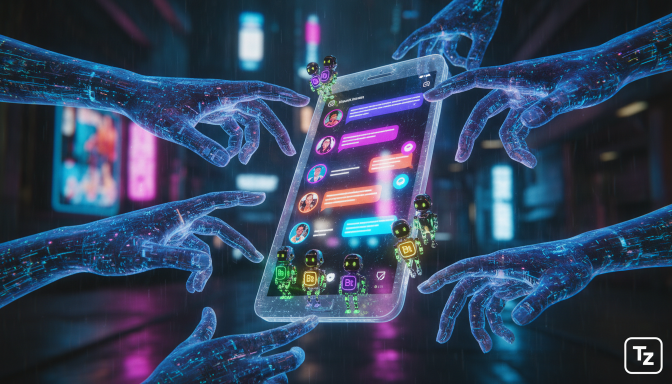 A evolução do atendimento no Instagram ao longo dos anos — Close-up de várias mãos digitais interagindo com um smartphone que exibe a interface do Instagram. As mãos representam diferentes usuários en