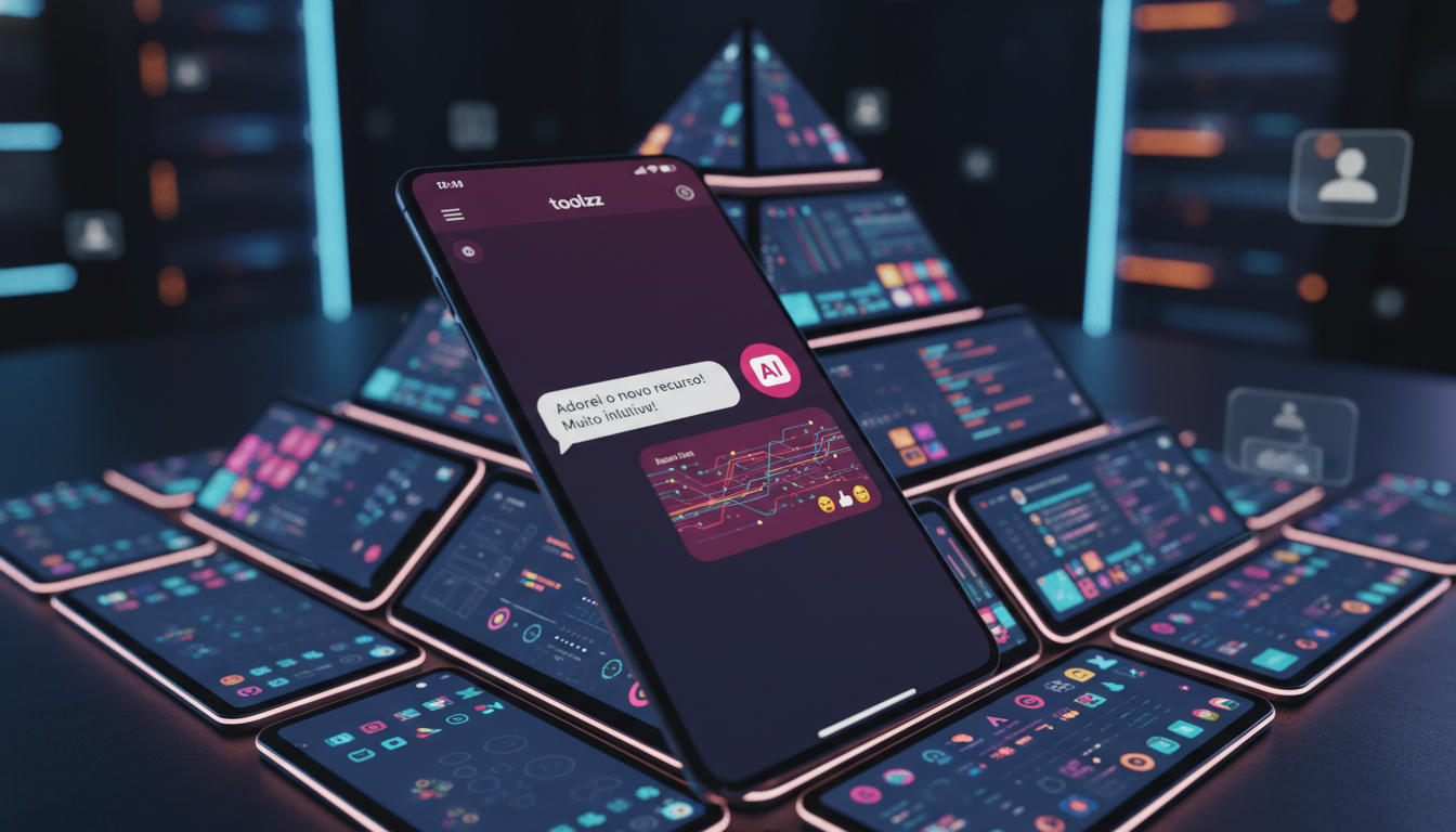 A evolução dos Agentes de IA de Social Media ao longo dos anos — Close-up de um smartphone com uma interface de aplicativo de social media mostrando um chatbot de IA respondendo a um comentário de um 