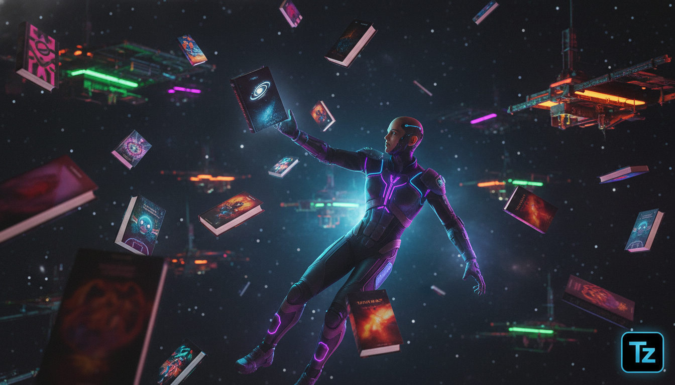 A Explosão de Livros e o Futuro da Descoberta — Uma representação visual da sobrecarga informacional: imagine um mar de livros flutuando no espaço, cada um com uma capa vibrante e chamativa. No centro