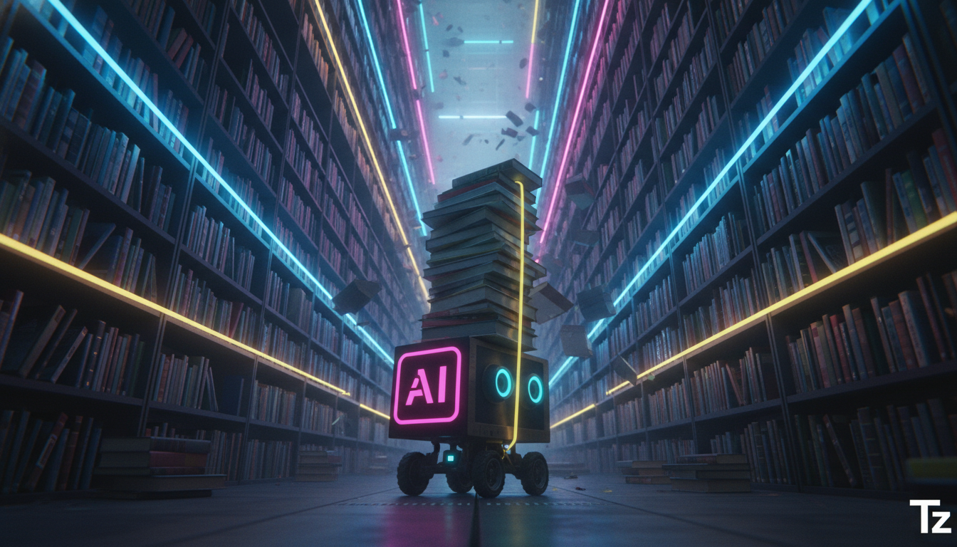 A Explosão de Livros na Era da IA: Desafios e Oportunidades — Um armazém gigantesco, com prateleiras infinitas repletas de livros que se estendem até onde a vista alcança, diminuindo na perspectiva. U