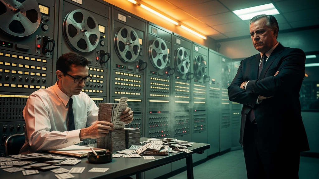 A História e Evolução da Automação de Agentes de IA — Um escritório dos anos 60. Um programador de óculos trabalha em um computador mainframe gigante, cercado por cartões perfurados. Um supervisor obs