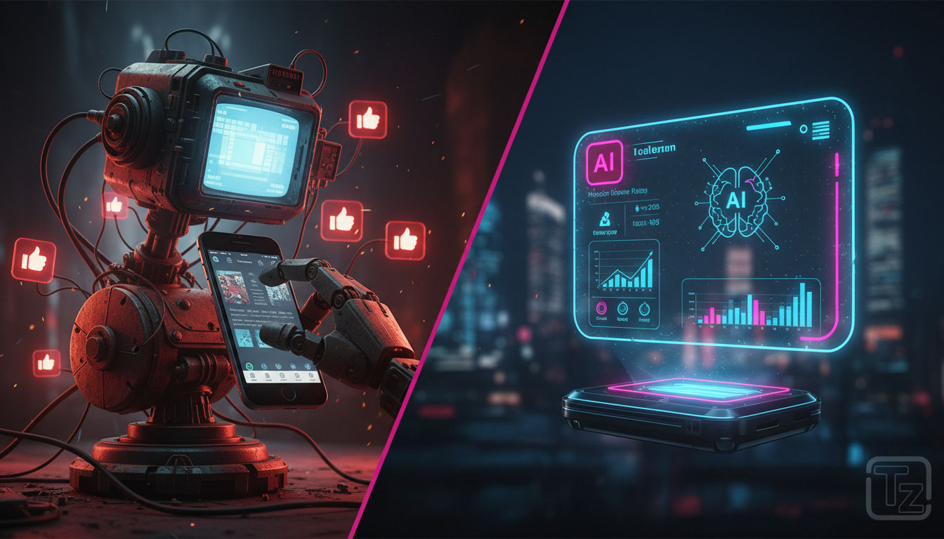 A história e evolução da automação Instagram até 2026 — Uma representação visual da evolução da automação no Instagram. Começando com um antigo bot de 'seguir e curtir' em massa, com aspecto desajeita