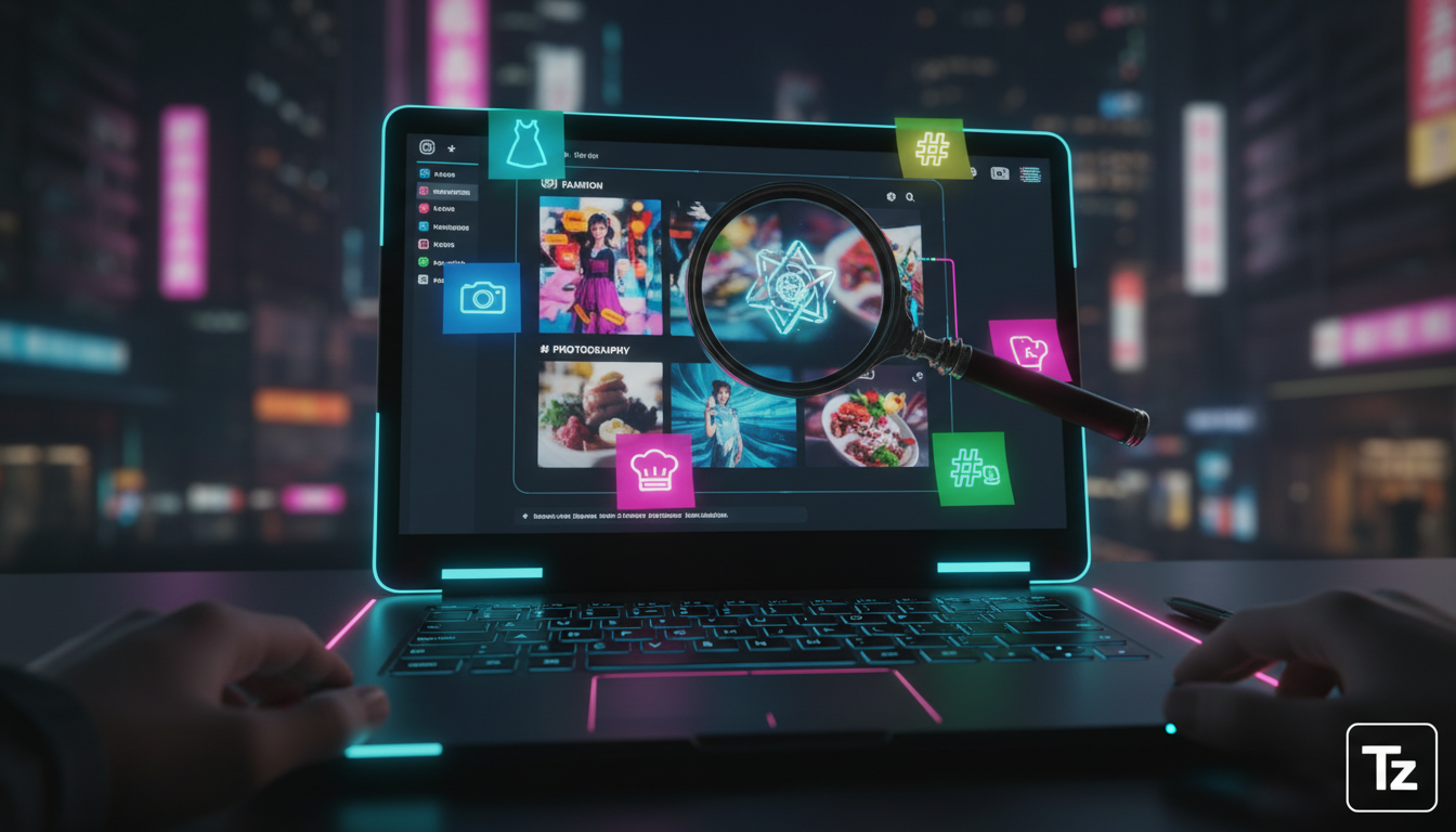 A história e evolução da venda no Instagram — Uma mesa de trabalho com um notebook aberto mostrando a interface do Instagram. Vários post-its coloridos com hashtags populares de nichos de mercado cola