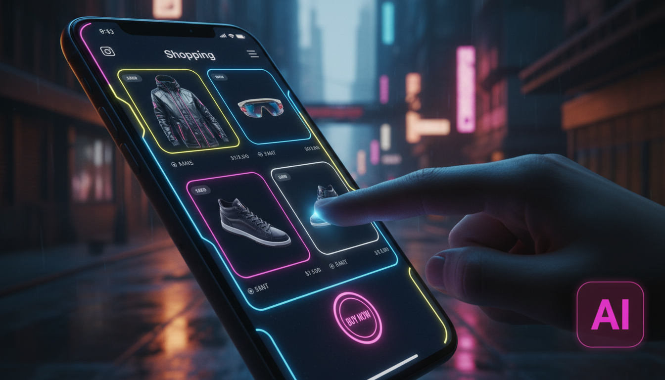 A história e evolução da venda no Instagram com IA — Uma tela de smartphone exibindo um perfil de loja no Instagram. A tela mostra produtos com etiquetas de preço e botões 'Comprar agora'. Um dedo toc