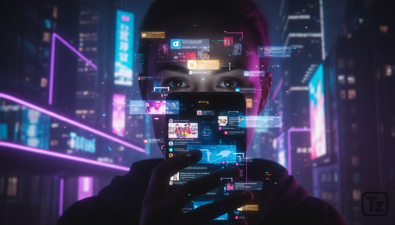 A IA Coleta Seus Dados: Impacto na Privacidade e Democracia — Close-up de um smartphone mostrando notificações push de diversas fontes (redes sociais, notícias, anúncios). As notificações são projetad