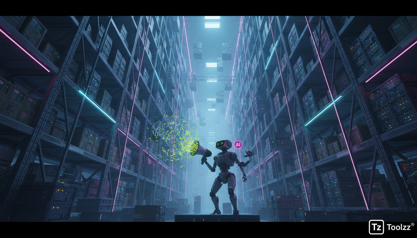 A IA Escala o Caos: Como a Organização de Dados Impulsiona Resultados — Um armazém gigante com prateleiras infinitas cheias de caixas de dados não identificadas. Um único robô autônomo, com um adesivo