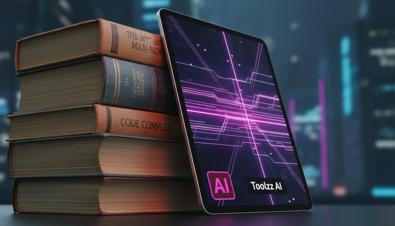 A IA não é Bala de Prata: Lições Atemporais para o Desenvolvimento de Software — Um close-up detalhado de uma pilha de livros de programação clássicos (ex: 'The Mythical Man-Month') com um tablet mode