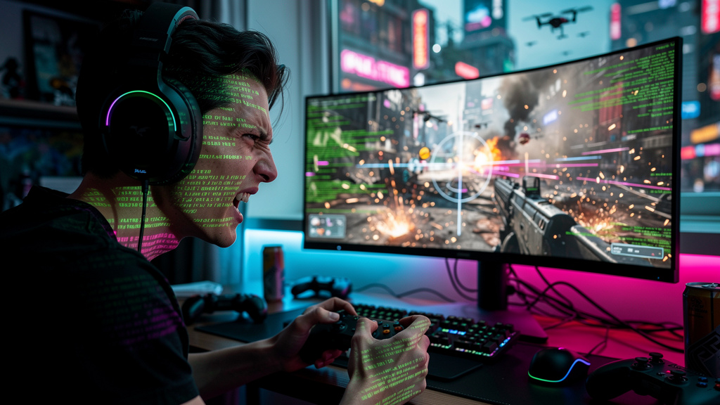 A Ilusão do Controle: IA e os Sistemas Como 'Deuses' — Um jogador de videogame frustrado, com fones de ouvido, olhando fixamente para a tela. A tela mostra um jogo de tiro em primeira pessoa com uma m