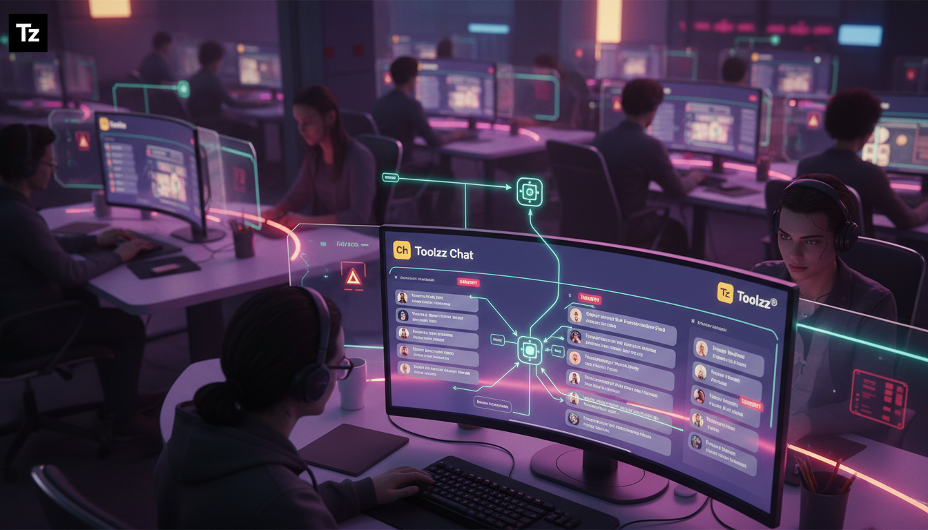 A importância da Automação no Marketing Instagram em 2024 — Visão aérea de um escritório movimentado, com vários funcionários trabalhando em seus computadores. Em primeiro plano, um monitor exibe um p