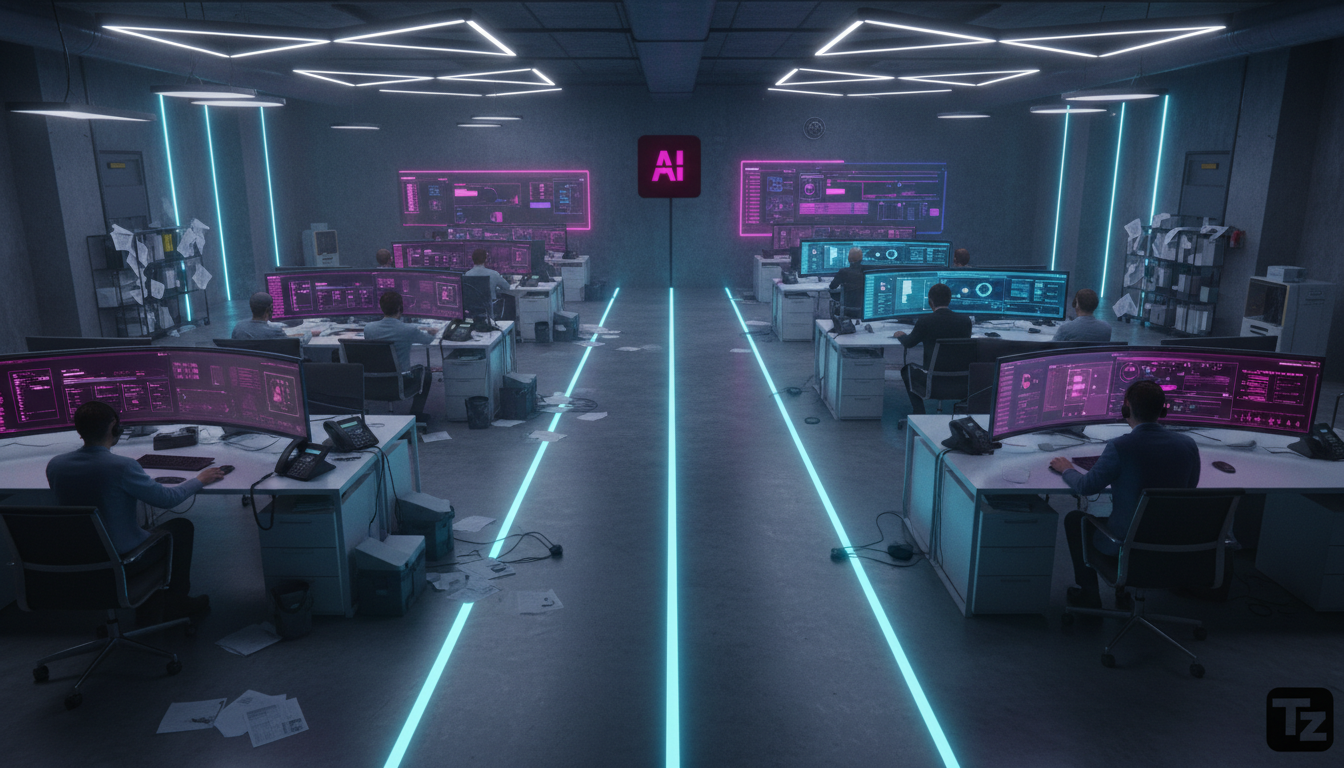 A importância da IA no atendimento ao cliente em 2024 — Uma visão aérea de um escritório de atendimento ao cliente movimentado, mas com uma sutil divisão visual: metade da equipe está sobrecarregada c