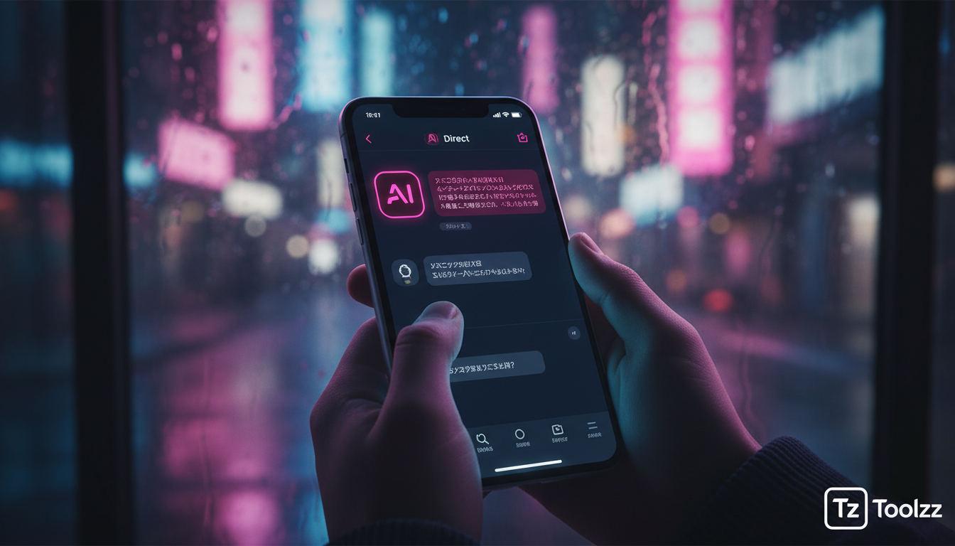 A importância da IA no Instagram na era digital — Um close-up dramático de um smartphone exibindo uma conversa de chatbot no Instagram Direct. O chatbot responde a uma pergunta complexa de um cliente 