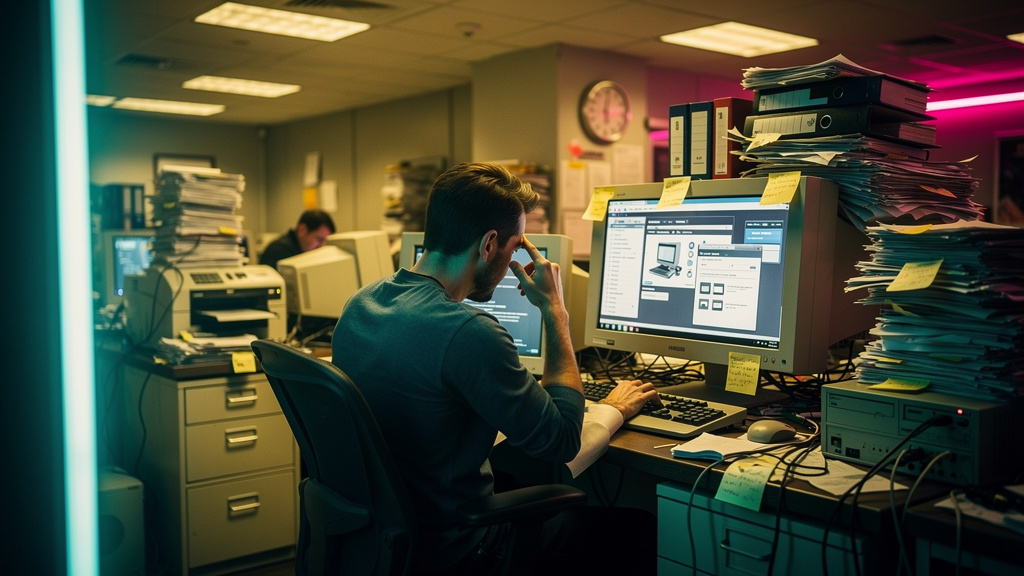 A importância da LXP na era digital — Um escritório antigo e desorganizado, com pilhas de papel, computadores ultrapassados e um funcionário visivelmente frustrado tentando usar um software complexo e