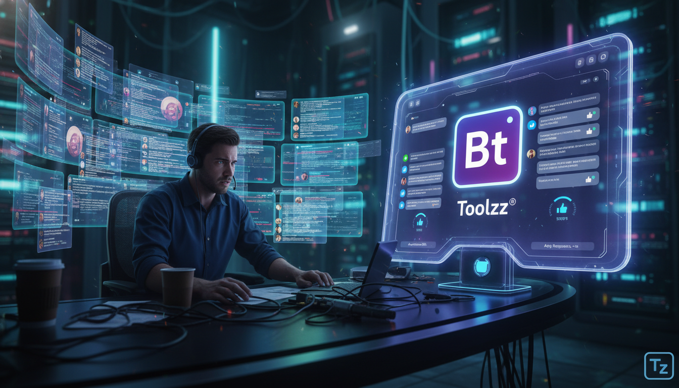 A importância de Chatbots Instagram DM na era digital — Um atendente de suporte ao cliente, com fones de ouvido, aparentemente sobrecarregado com diversas telas e janelas de chat abertas em seu comput