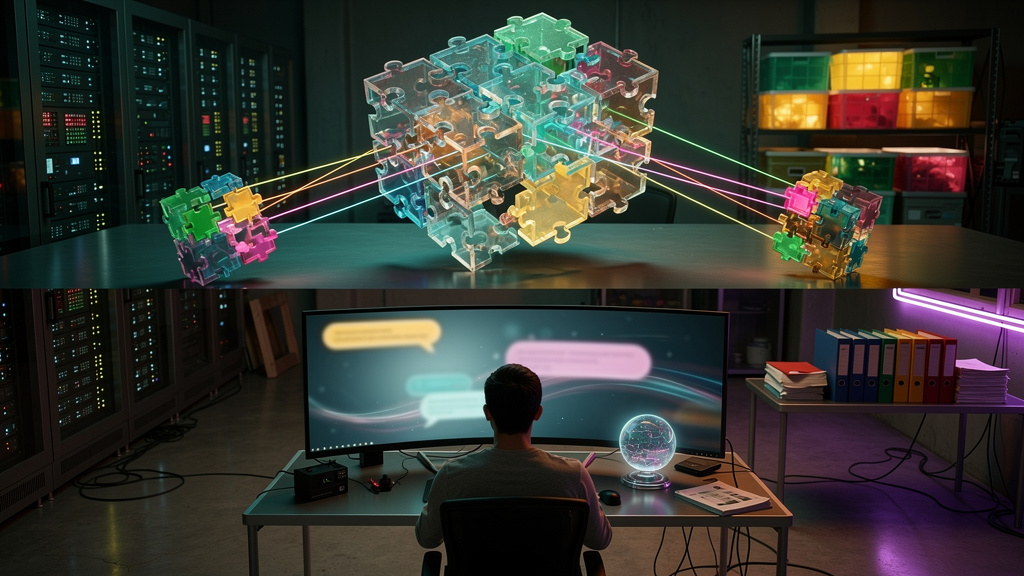 A importância do RAG na era digital — Um diagrama infográfico dividido em duas partes. Na parte superior, um LLM Open Source (Llama 2) estilizado como um quebra-cabeça sendo alimentado por diversos ba