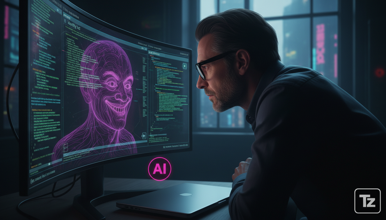 A Inteligência Artificial Precisa da Sua 'Alma'? Personalização e Privacidade — Um desenvolvedor de software sênior, usando óculos, inclina-se para perto de um monitor com várias janelas de código abe