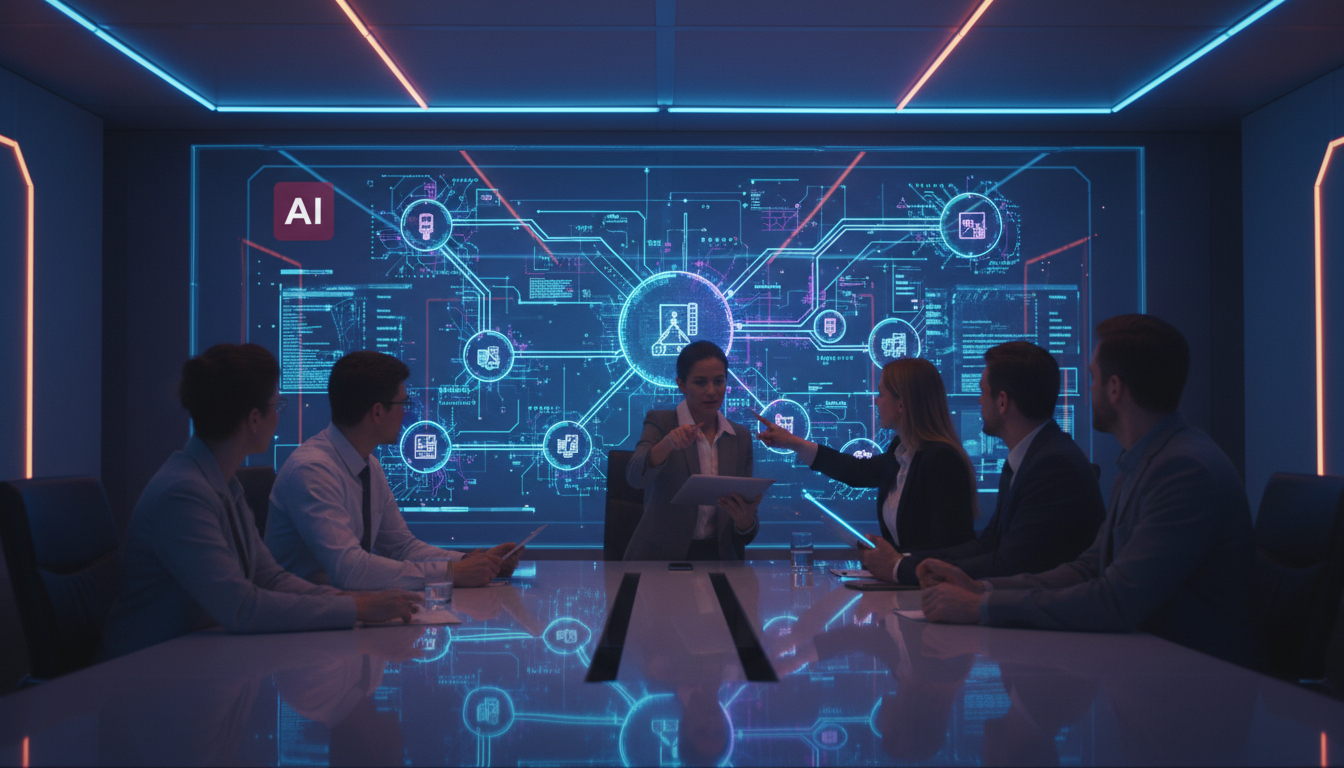A Memória Sagrada e o Futuro da IA Corporativa — Uma sala de reunião moderna, com uma tela exibindo um diagrama complexo da estrutura de conhecimento da empresa. Funcionários colaboram, apontando e di