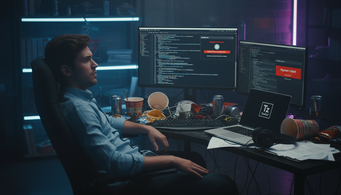 A Realidade das Startups de IA: Além do Next.js e OpenAI — Um desenvolvedor de startup, com uma expressão de frustração, olhando para um monitor com várias janelas abertas mostrando código Next.js, a 