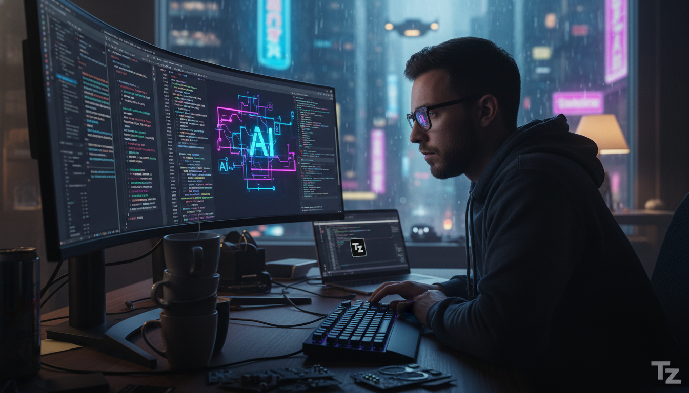 A Realidade das Startups de IA: Next.js, OpenAI e Stripe — Um desenvolvedor solitário encarando uma tela repleta de código complexo do Next.js, com xícaras de café vazias empilhadas ao lado. A tela do