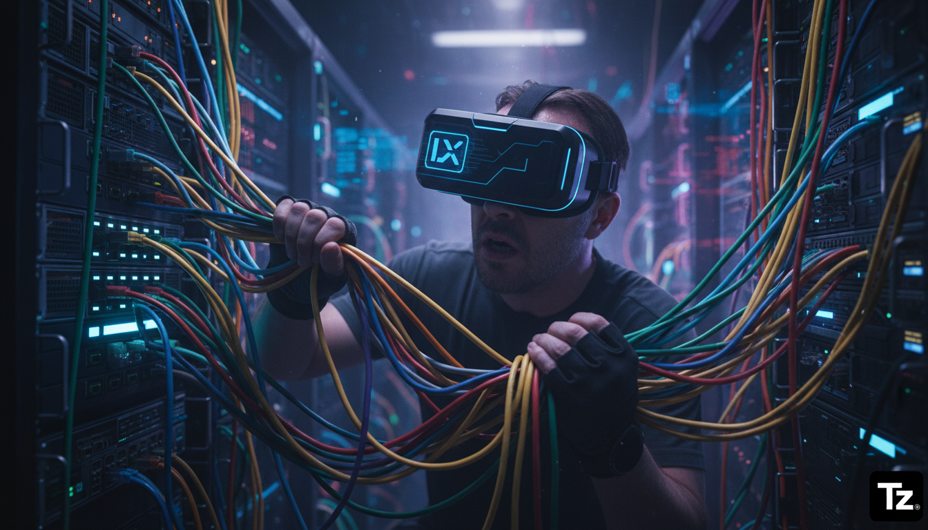 A Reserva Estratégica de IPv4 da AWS e o Futuro da Nuvem — Um labirinto de cabos de rede coloridos emaranhados, formando um mapa complexo. Um técnico, usando um óculos de realidade aumentada que exibe