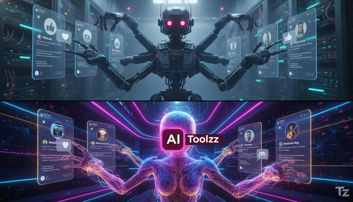 A revolução da automação Instagram nos negócios — Um infográfico comparando a automação tradicional do Instagram (bots genéricos) com a automação baseada em Agentes de IA. No bloco superior, mostrar u