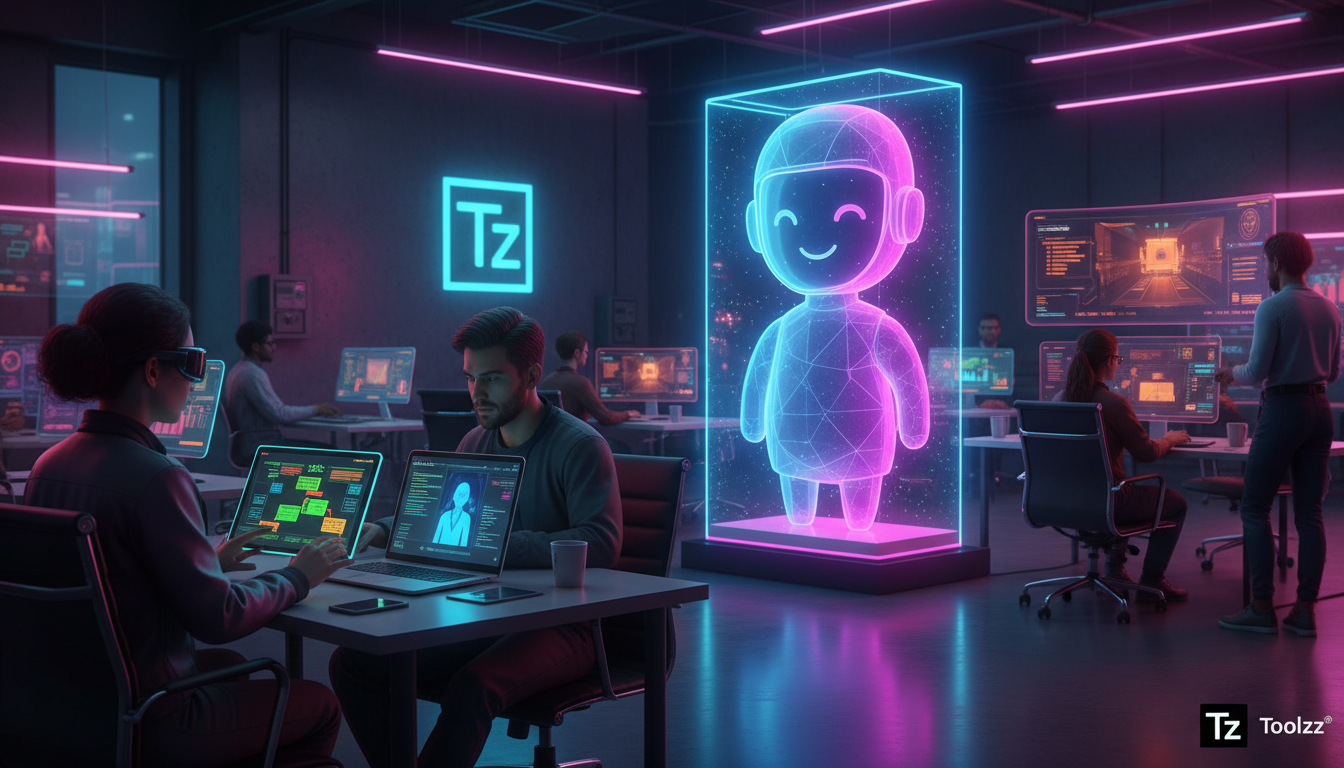 A Revolução da IA: Agentes Inteligentes e o Futuro da Educação Corporativa — Um agente inteligente, visualizado como uma interface holográfica amigável e estilizada, interage com vários funcionários e