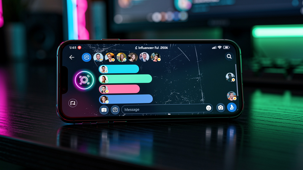 A revolução da IA de Influencer nos negócios — Close-up de um smartphone mostrando uma conversa em um aplicativo de mensagens. A conversa é entre um influenciador e vários seguidores. O agente de IA r