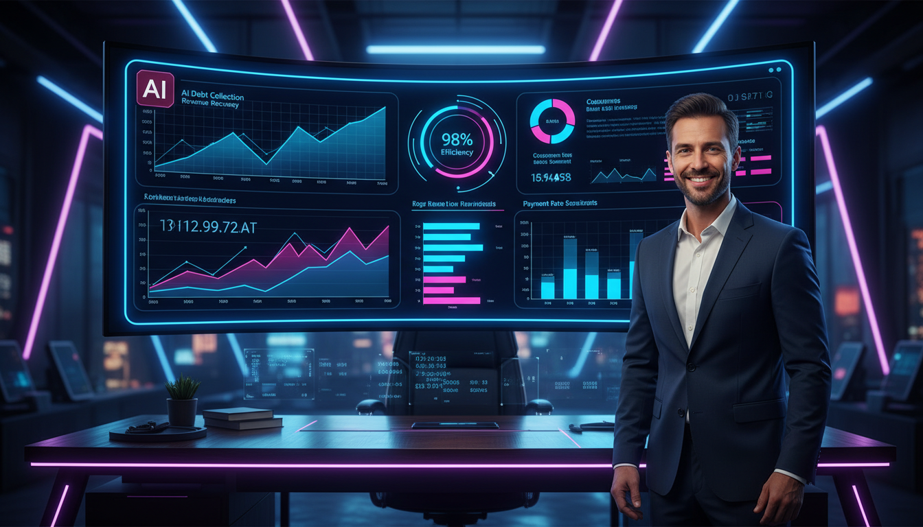 A Revolução da IA na Cobrança: Eficiência e Resultados — Um gerente financeiro sorrindo, visualizando um painel de controle de IA em um monitor grande, mostrando métricas de cobrança otimizadas e gráf
