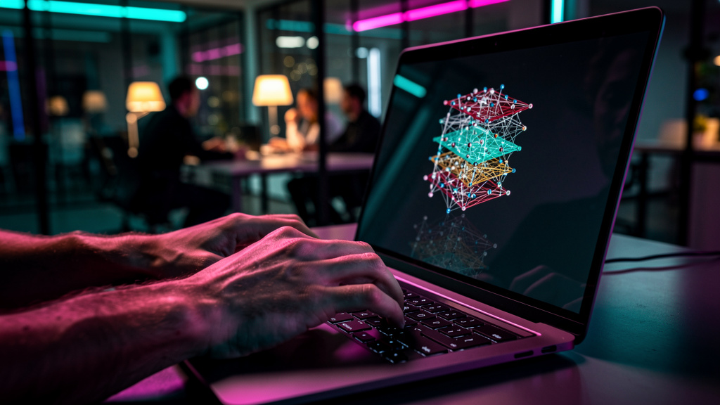 A revolução da IA nos negócios — Um close-up das mãos de um desenvolvedor digitando código em um laptop. O reflexo na tela mostra um diagrama complexo de redes neurais. Ao fundo, desfocado, um pôster 