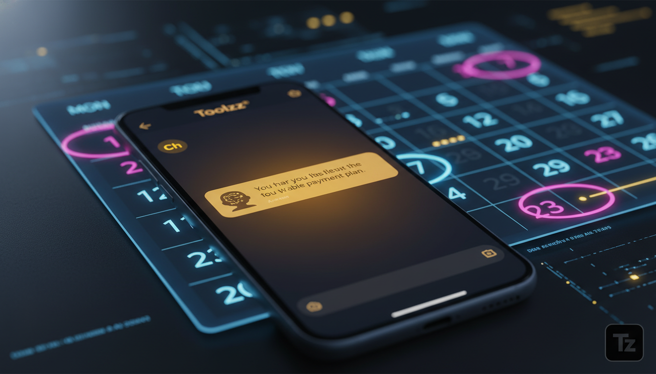 A Revolução dos Agentes de IA nas Cobranças — Close-up de um smartphone exibindo uma conversa de chat com um agente de IA da Toolzz. A mensagem do agente é amigável e oferece um plano de pagamento fle