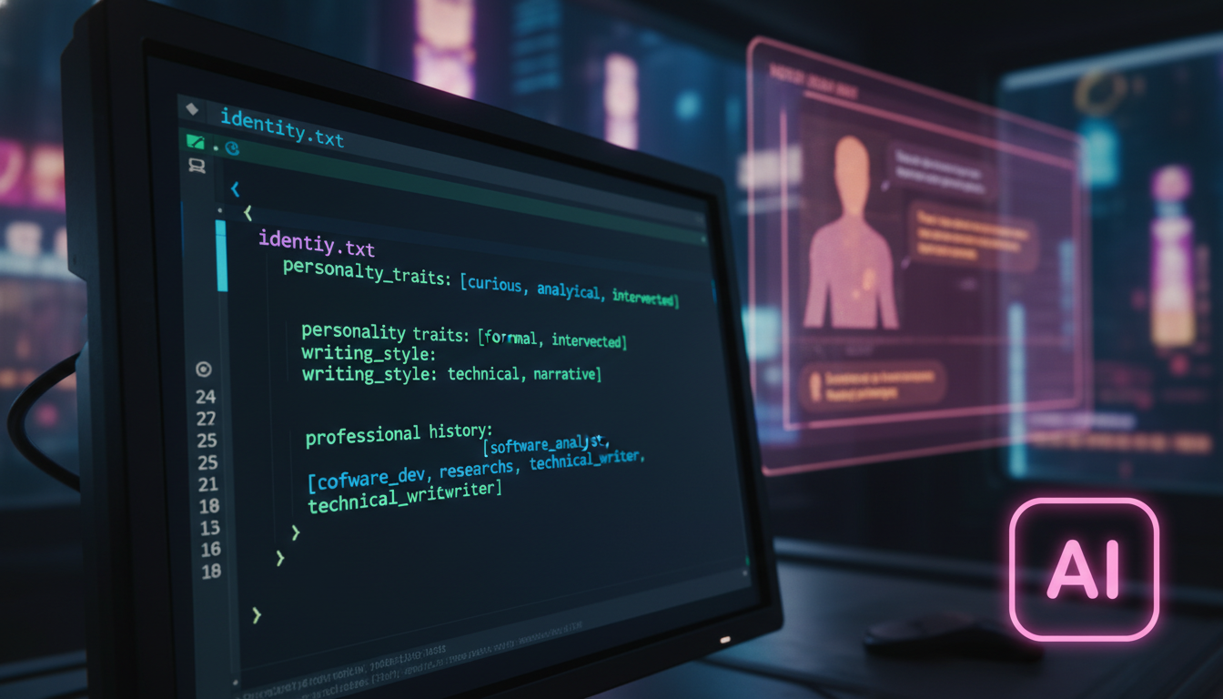Abrir a Alma para a IA? O Equilíbrio entre Personalização e Privacidade — Um close-up de um arquivo de texto chamado 'identity.txt' aberto em um editor de código. O código contém linhas que descrevem 