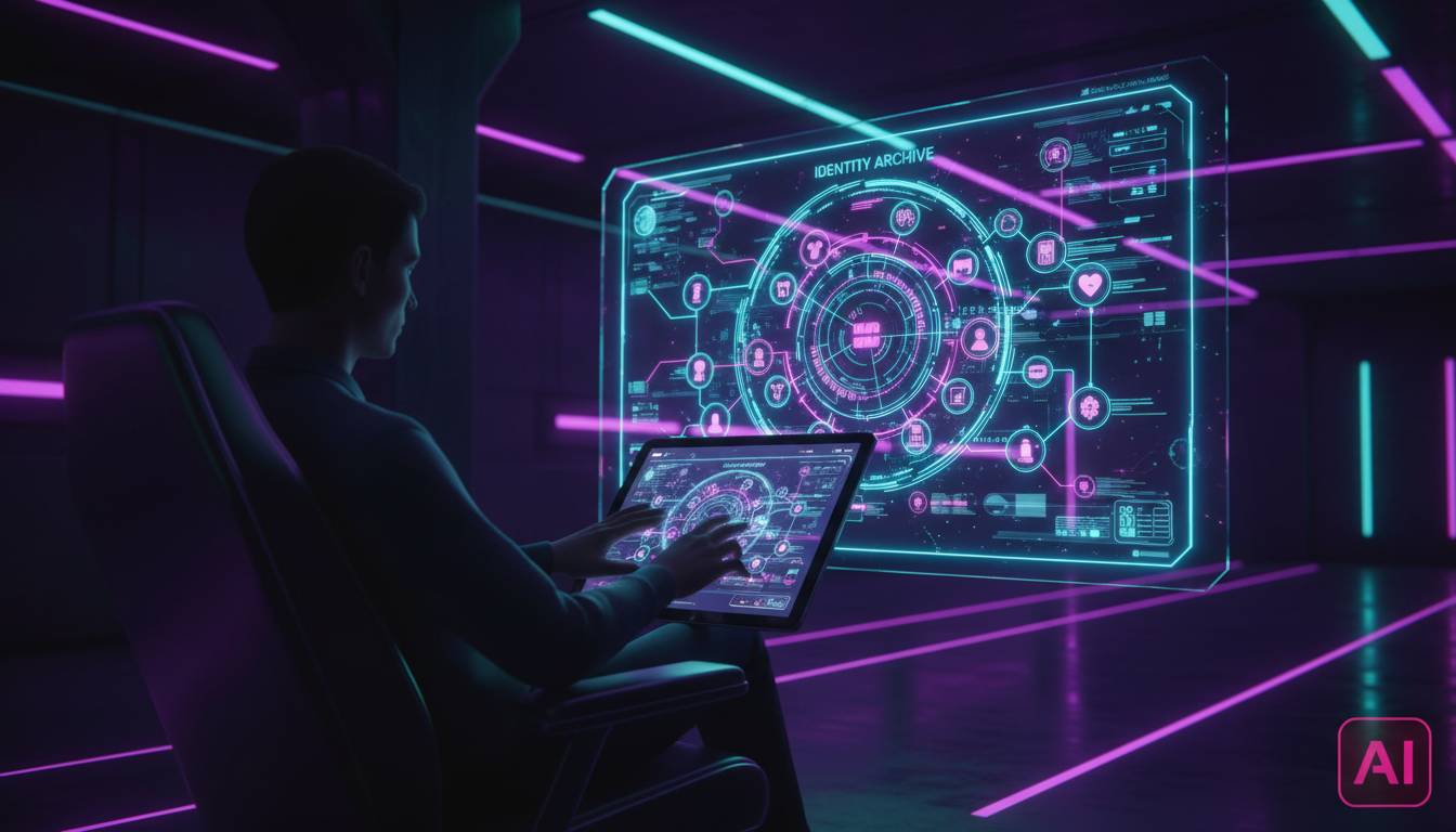 Abrir a Alma para a IA? O Equilíbrio entre Personalização e Privacidade — Um escritório moderno e minimalista, com uma tela grande exibindo um 'arquivo de identidade' digital. Este arquivo contém ícon