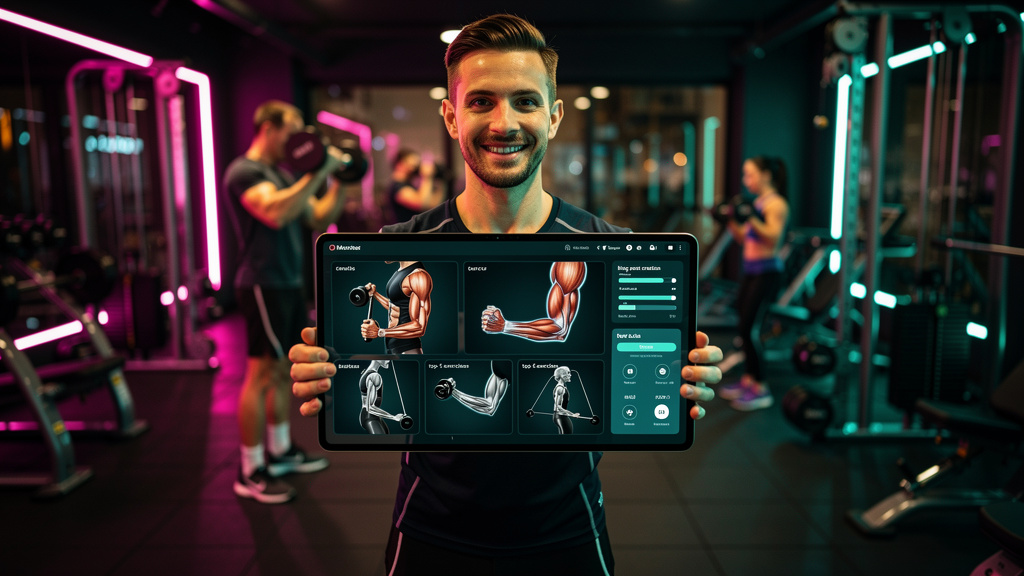 Academias: Escale a Produção de Conteúdo com IA — Um personal trainer sorrindo, usando um tablet na academia. O tablet mostra o Agente AI de Blog da Toolzz sendo usado para criar um post de blog sobre