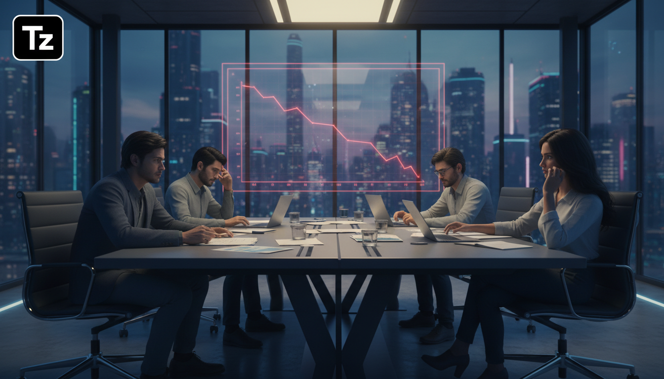 Acesso e Capital: O Futuro do Financiamento de Startups — Uma sala de reuniões moderna, com paredes de vidro e cadeiras ergonômicas. Vários fundadores de startups, com expressões de frustração e preoc