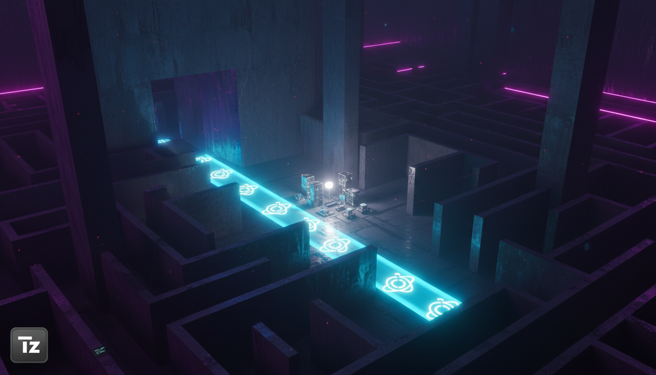 Acesso e Capital para Startups: O Futuro do Investimento — Um labirinto complexo com paredes altas e escuras, iluminado por uma única luz fraca no centro, onde uma pequena startup (representada por um