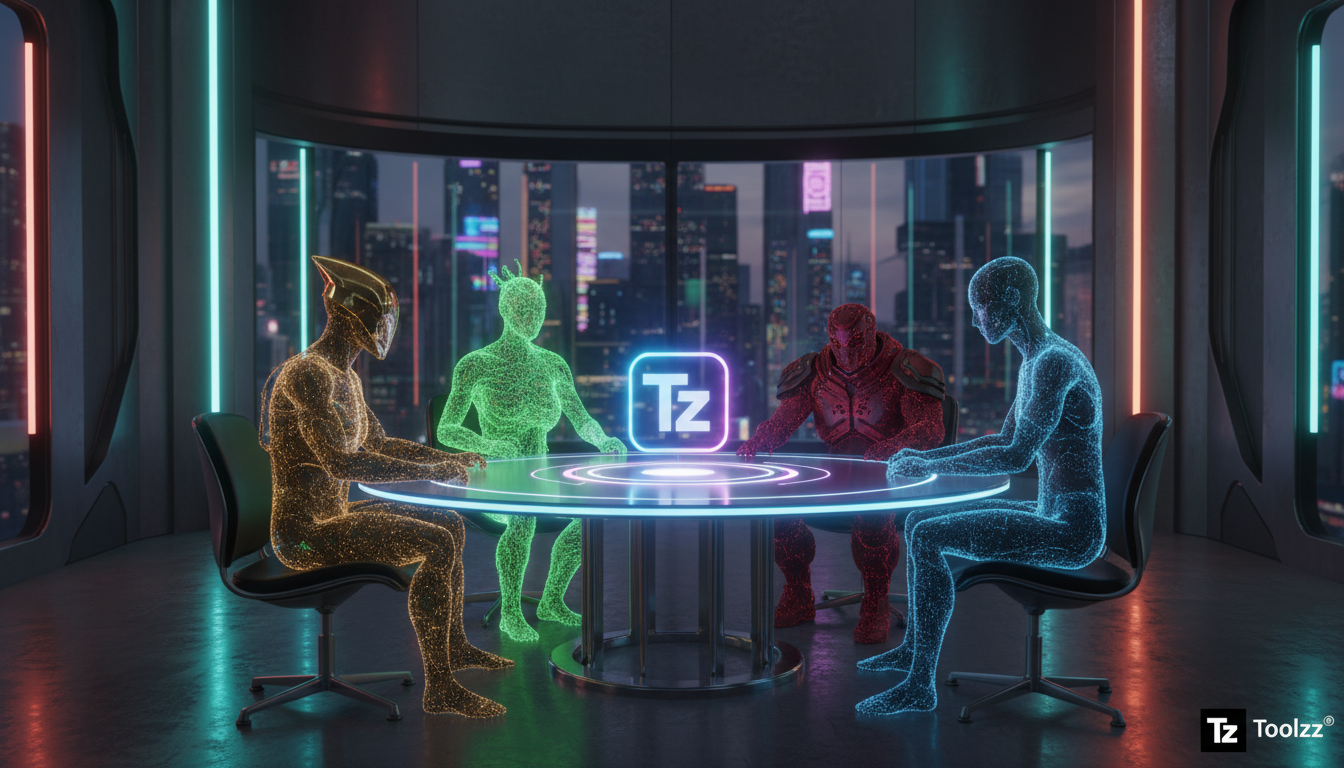 Acesso e Capital para Startups: O Papel da IA na Nova Economia — Um grupo diversificado de pessoas reunidas em torno de uma mesa redonda virtual, cada um representado por um avatar único. No centro da