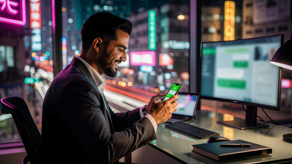 Advogado Online WhatsApp 24h: Guia Completo e Gratuito — Um advogado moderno, vestindo terno, sorrindo enquanto responde a mensagens no WhatsApp em seu smartphone. Ao fundo, uma janela panorâmica com