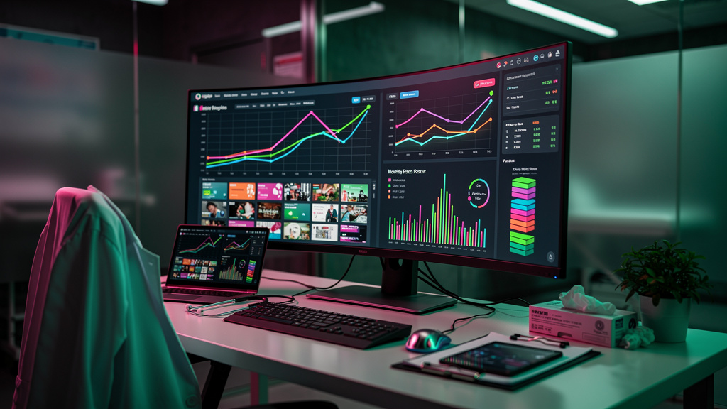 AEO 2026: Como Clínicas Podem Criar +100 Posts/Mês Sem Redatores? — Uma tela de computador mostrando um dashboard do Agente de Blog da Toolzz, com gráficos e métricas de performance de conteúdo. O das